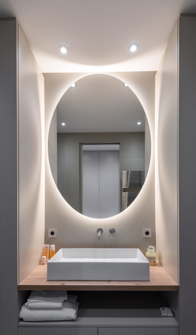 Lavabo moderne avec miroir rétro-éclairé dans une salle de bain élégante.